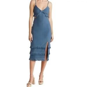 Bonheur D'amour Blue Sweetheart Neckline Midriff Cutouts Fringe Dress Size L
